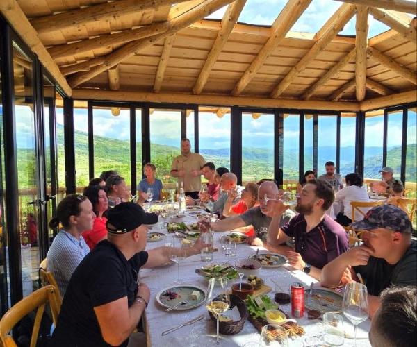 Group lunch with local food and wine at Alpeta Agrotourism near Berat.
